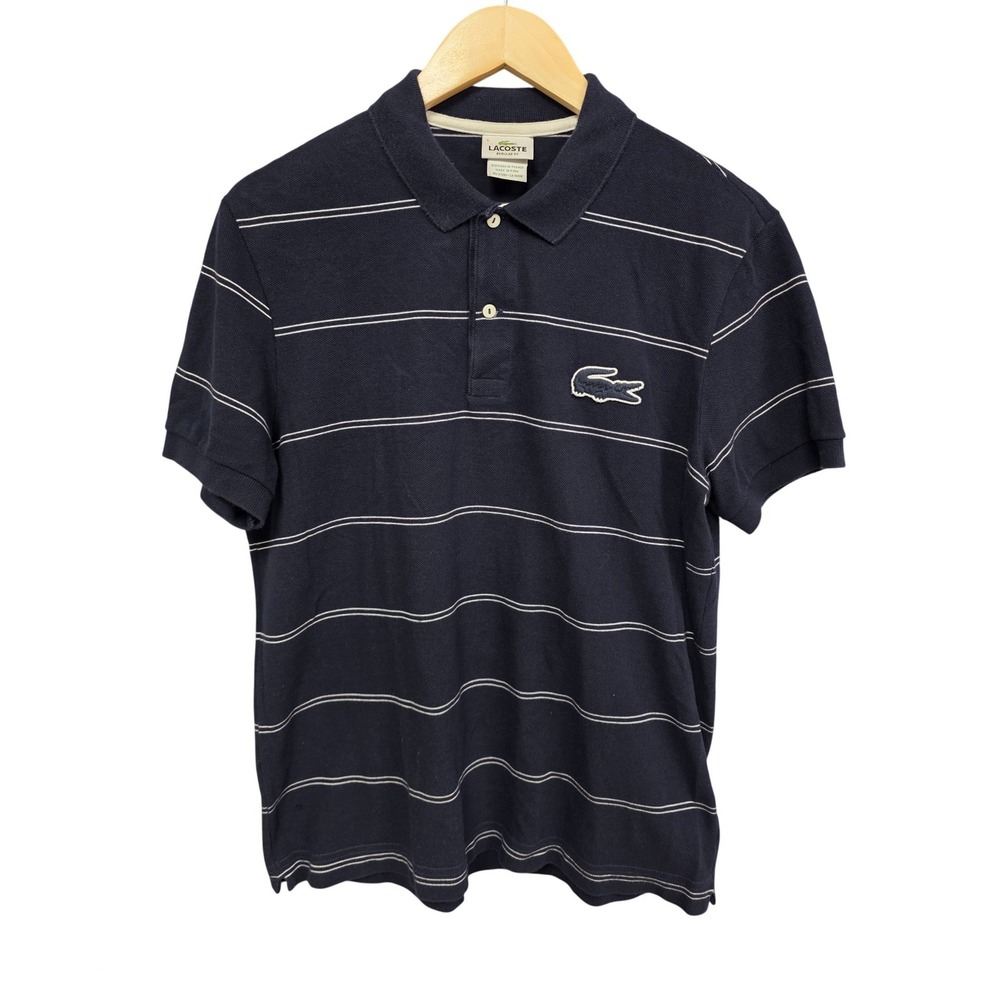 Lacoste Polo Shirt Men Size 5 Large Navy Blue Striped Regular Fit Pique Classic